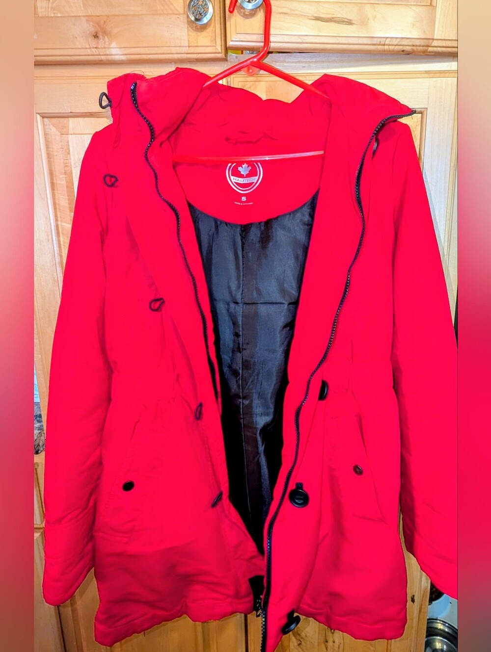 Women's Bright Red Hooded Puffer Jacket - Logo